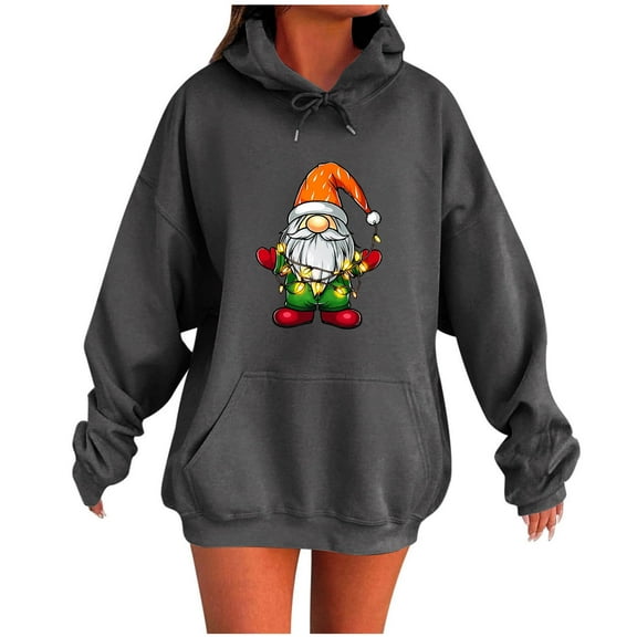 Women Christmas Gnome Graphic Hoodie Sweatshirts Long Sleeve Oversized Pullover Shirts Xmas Print Sweater Gift Tops