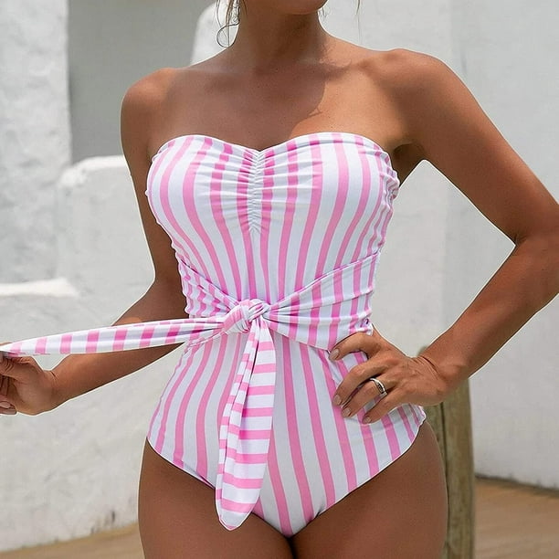 Women's One Piece Tankini Stripes Bandeau Side Bandage Bowknot Tummy  Control Swimsuit Removable Halter Monokini-Pink-Large(Quantity)