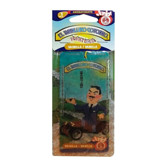 Aromatizante para Auto Eivy's de México El vainillino Cotorro Jr Aroma Vainilla, colgante de cartón con aroma a vainilla que dura hasta 15 días, diseñado para colgar del retrovisor y mantener el interior del automóvil fresco, con ilustración de un personaje caricaturesco en un auto clásico.