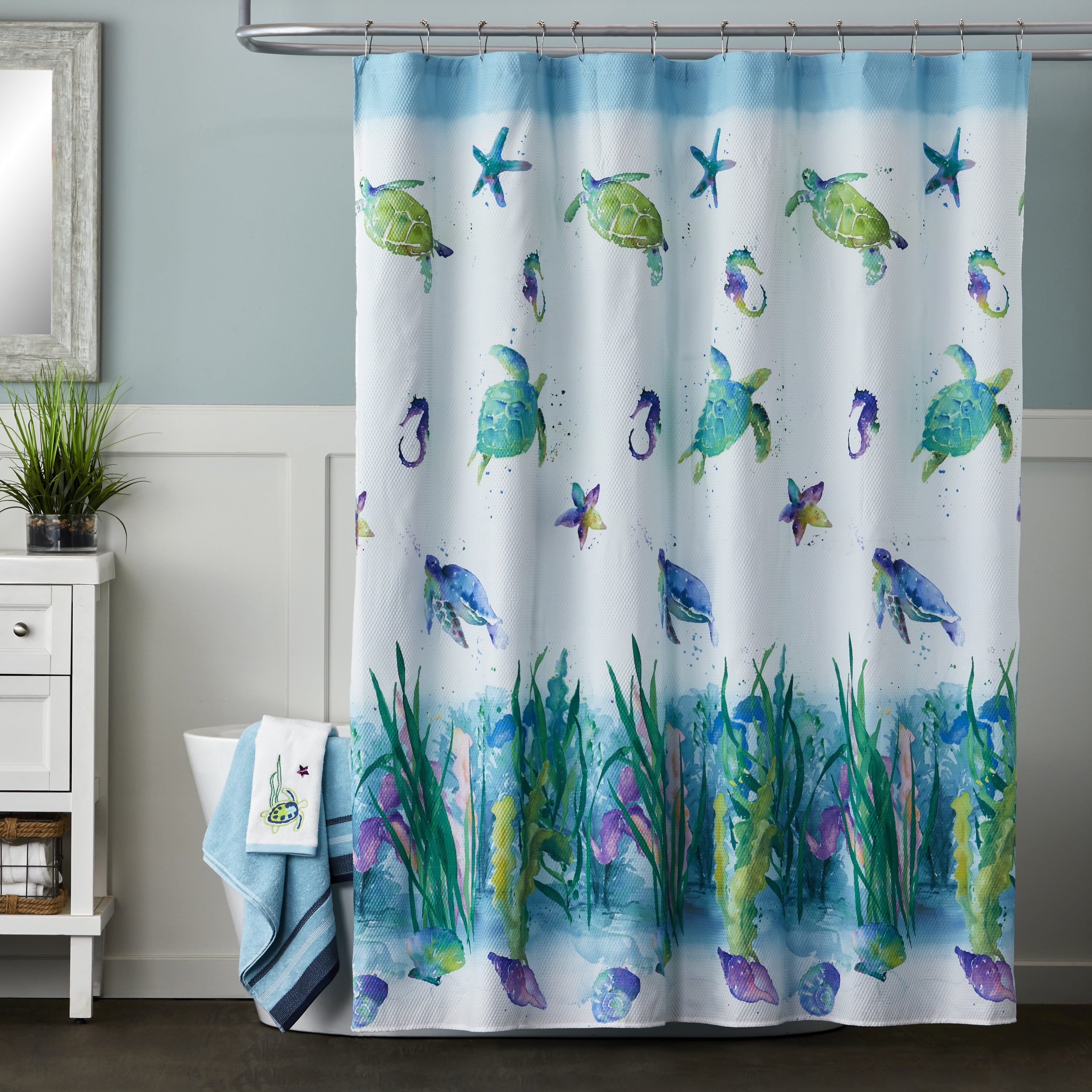 72X72" Hand Drawn Watercolor Forest Shower Curtain Set Green Trees and Blue Sky 