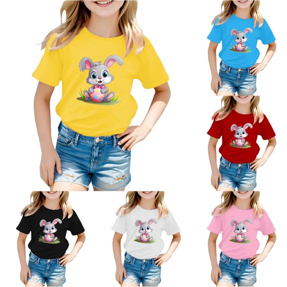 Toddler Girls Summer Casual Tops Crew Neck T Shirts Cute Rabbit Egg Easter Print Casual T Shirt Size 3-4T ,Yellow