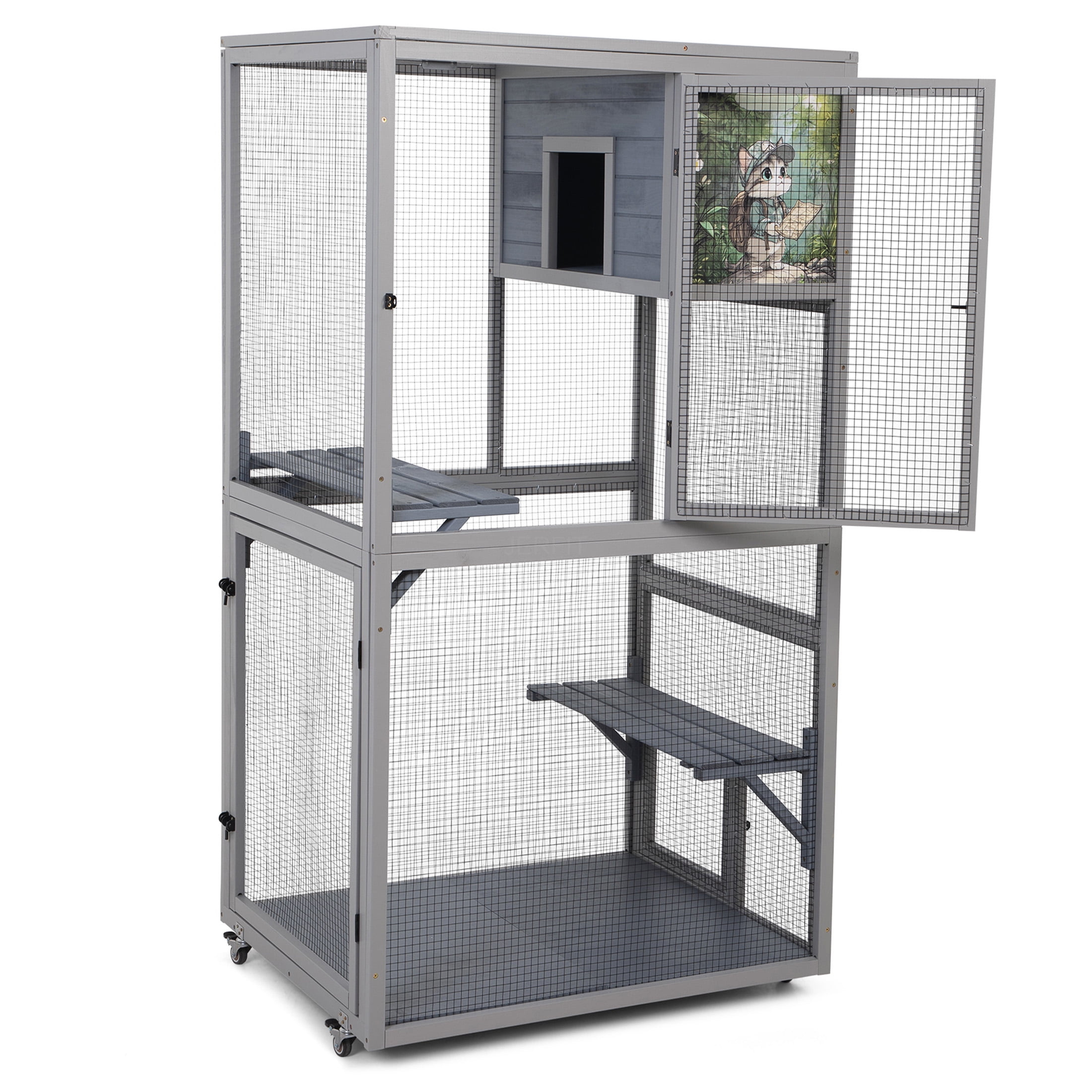 JERFIT 66" Large Outdoor Catio Enclosure with Wheels, 2 Platforms & Sleeping Condo, Portable Cat Cage Patio House for Indoor & Outdoor Use, Gray