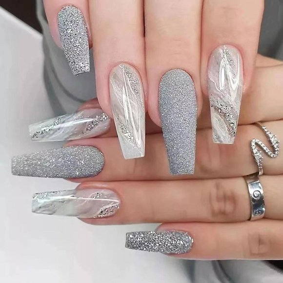 24 Pcs Glitter Press On Nails Grey Glossy Coffin Long Fake Nails Acrylic Gradient False Nails Marble with Glitter Design