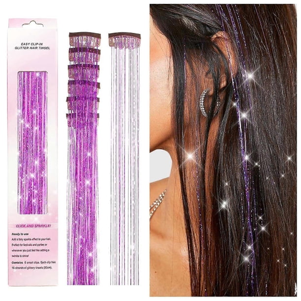 Clip in Hair Tinsel Kit, Pack of 6Pcs Glitter Fairy Tinsel Hair Extensions 20 Inch Shiny Hair Tinsel Heat Resistant, Sparkly Strands Hair Accessories