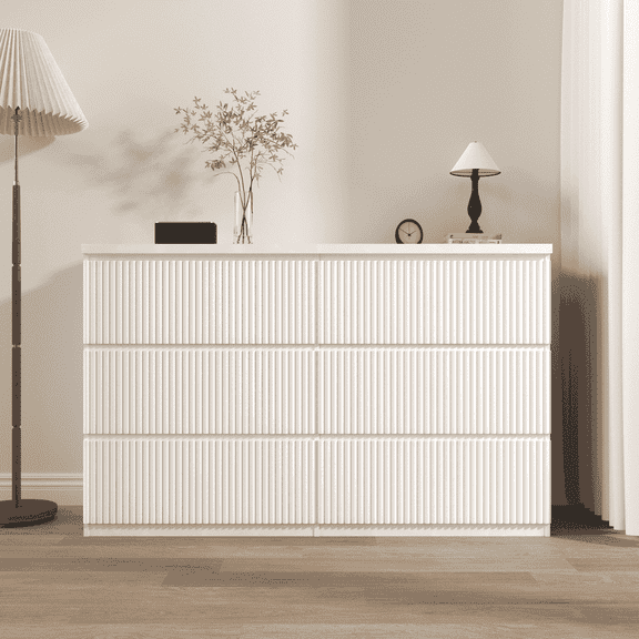 Yardi Yarda 6 Drawer Storage Cabinet, Wood Storage Tower Clothes Organizer with Wavy Drawer Panel, Wide Dresser of 6 Drawers for Indoor, White