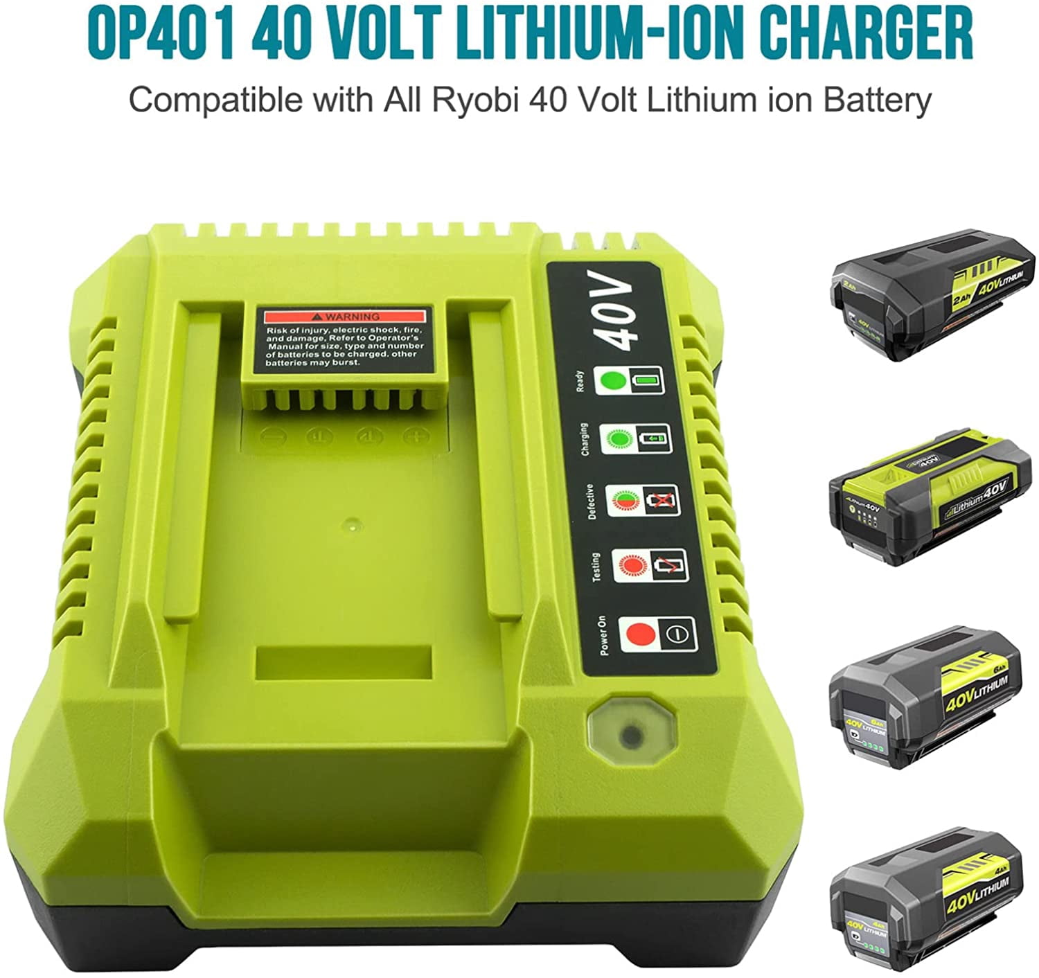 40 Volt Lithium-Ion OP401 Charger Compatible with Ryobi 40V Battery OP4026 OP40201 OP4040 OP40401 OP4050 OP4050A OP40501 OP40601