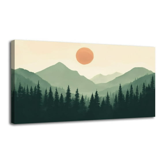 Canvas Wall Art Sage Green Boho Mountain Sunrise Nature Landscape Watercolor Misty Wall Decor for Living Room Bathroom Bedroom Office 20" x 40" Art Paintings, Ready to Hang