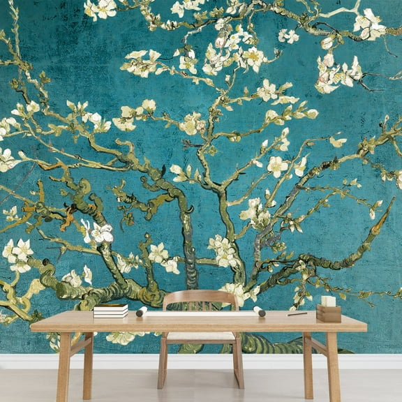 wall26 - Vibrant Teal Gradient Almond Blossom by Vincent Van Gogh - Wall Mural, Removable Sticker, Home Decor - 66x96 inches