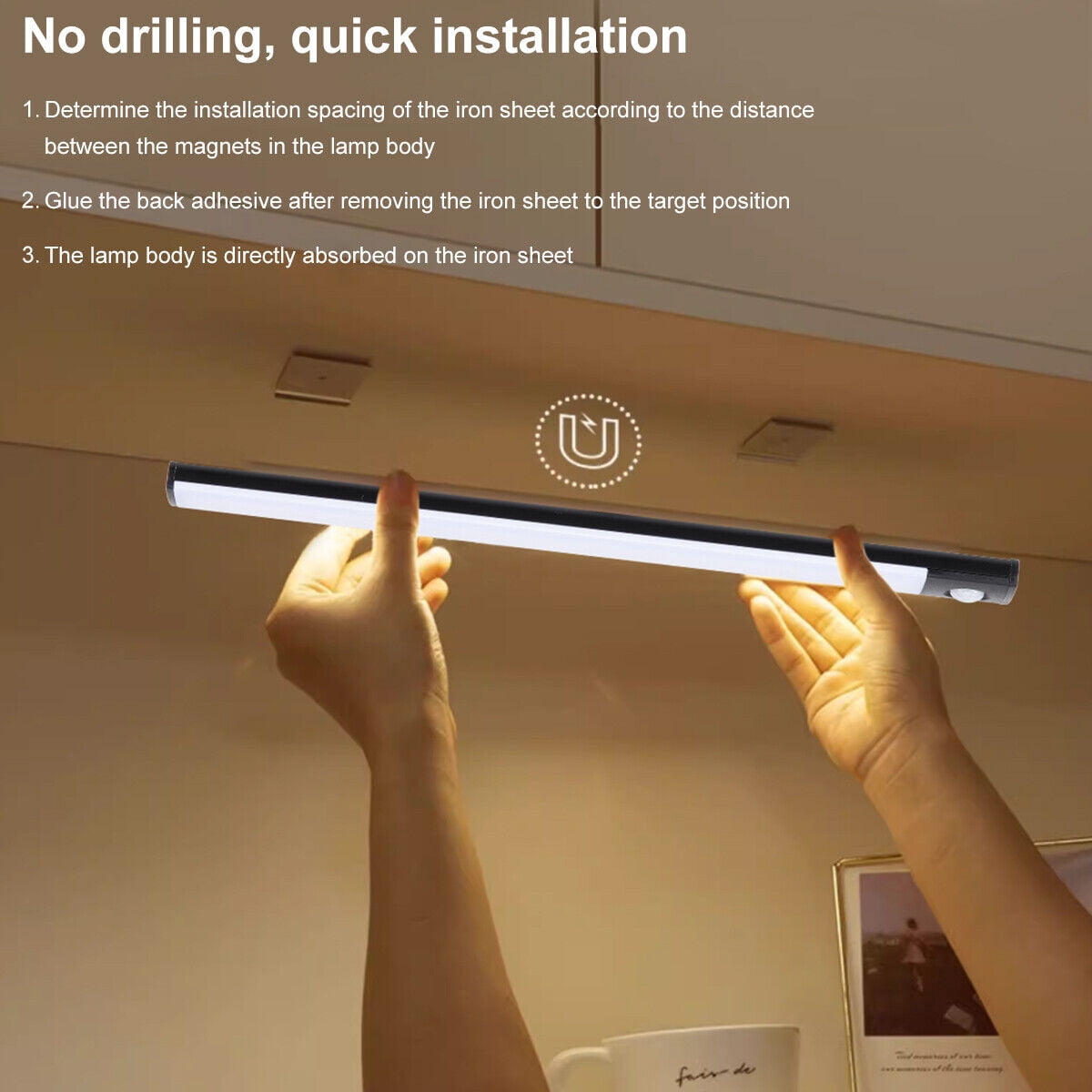 2 Pack Motion Sensor Under Cabinet Lights Indoor 20 Inch Rechargeable Under Cabinet Lighting Lights for Kitchen, Battery Powered 100 LED Stair Wall Closet Light Wireless Indoor - Black