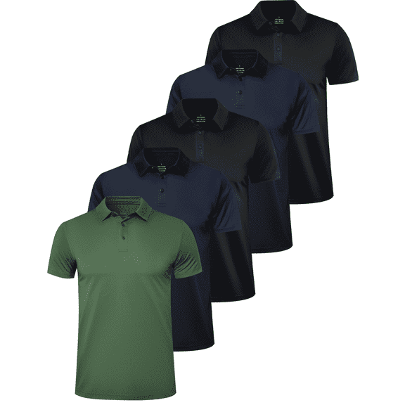 TELALEO 5 Pack Men's Quick Dry Polo Shirts, Breathable Short Sleeve Golf Casual Collared Tops, Size L