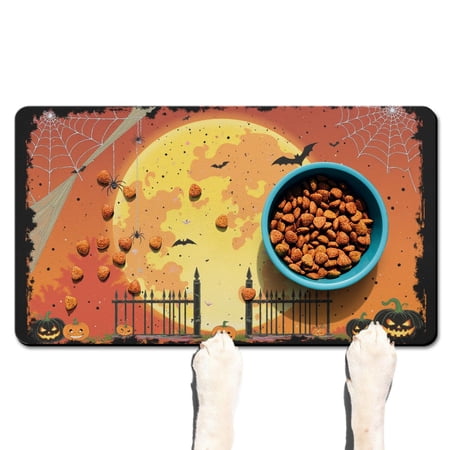 Pumpkin Skull Bat Spider Dog Mat for Food and Water Happy Halloween Pumpkin Ghost Absobing Durable 17x30 Inch Dog Water Mat Pet Feeding Mat EcoFriendly Durable Pet Placemat