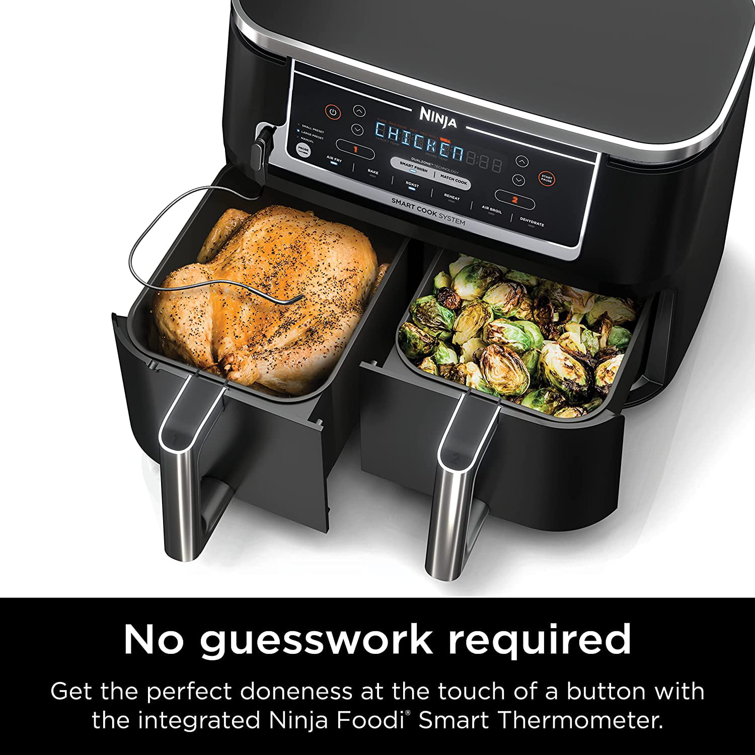  Ninja DZ550 Foodi 10 Quart 6-in-1 DualZone Smart XL Air Fryer  with 2 Independent Baskets, Smart Cook Thermometer for Perfect Doneness,  Match Cook & Smart Finish to Roast, Dehydrate & More