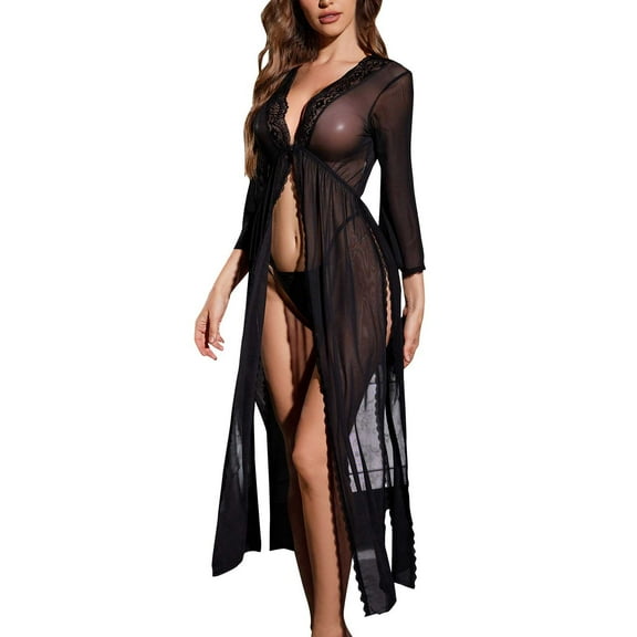 Tao Tao Women Underwear Lace Babydoll Chemise Fashion Mesh Nightdress Deep V Neck Nightwear Side Split Nightgown for Sex Play Black S
