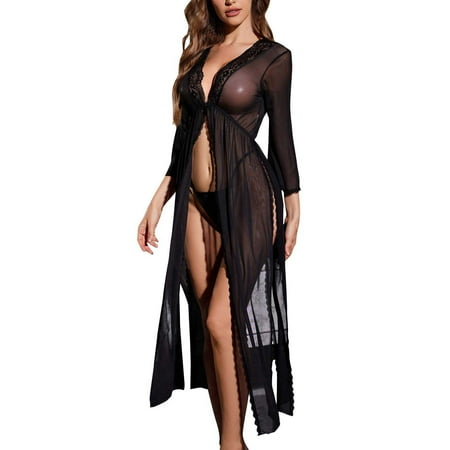 Tao Tao Women Underwear Lace Babydoll Chemise Fashion Mesh Nightdress Deep V Neck Nightwear Side Split Nightgown for Sex Play Black M