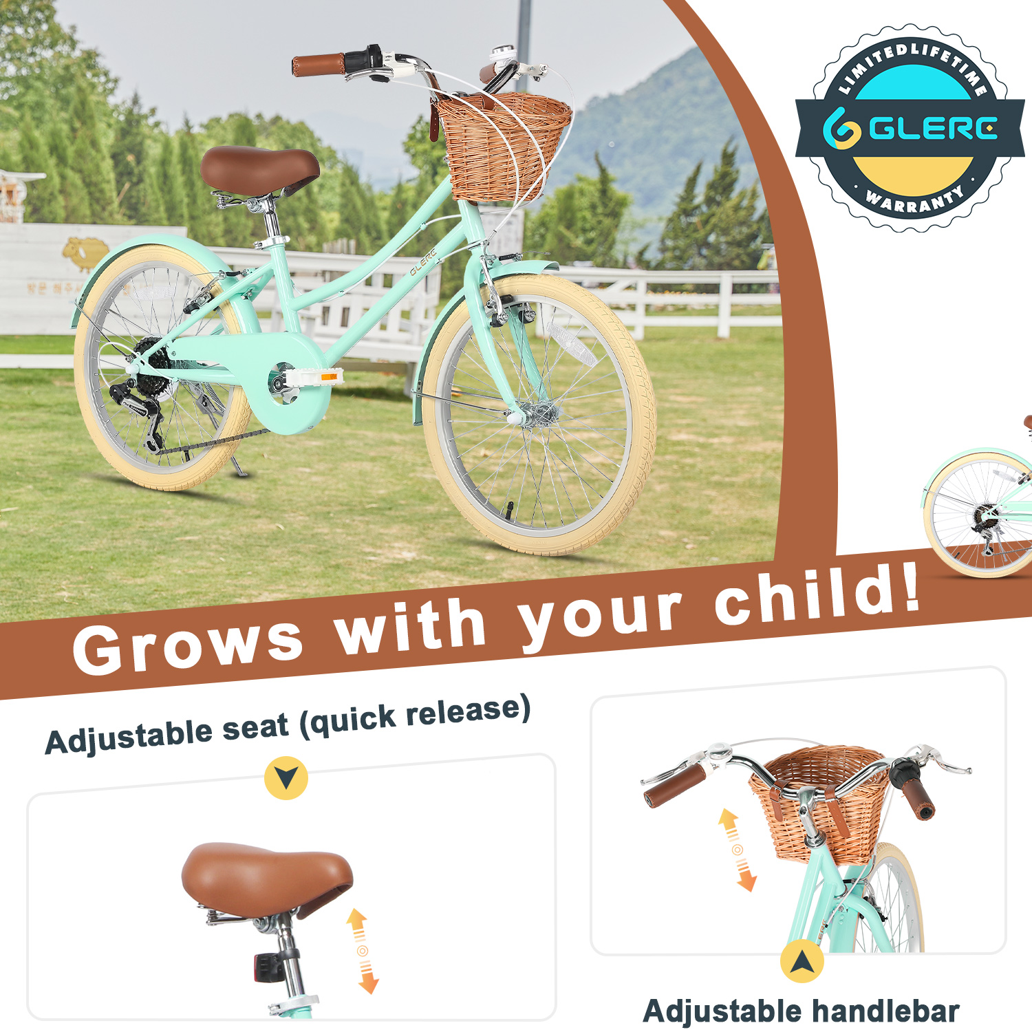 Glerc Missy 20" Girl Bicycle for Youth Over 6 Years Old Kids, Teenager with Wicker Basket, Mint Green
