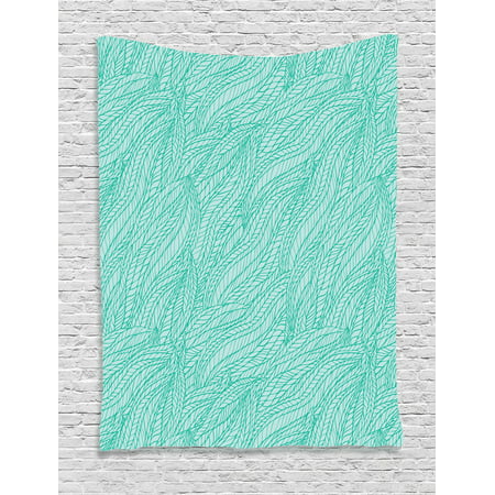 Teal Decor Wall Hanging Tapestry, Abstract Leaves Plants Wavy Tangle Pattern Doodle Style Monochromic Art, Bedroom Living Room Dorm Accessories, Gift Ideas, By