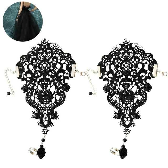 Guantes sin dedos bronceados Encaje floral gótico Anillo de pulsera Steampunk Guantes con cuentas vintage Conjunto de anillo de pulsera nupcial - 2 piezas - Estilo pirata Zhivalor 221681-1
