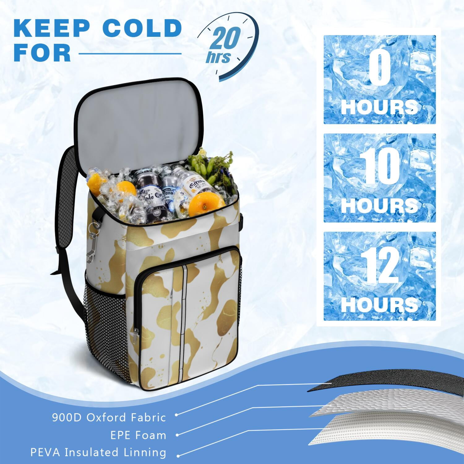 Travel Cooler Bag - Gold and White Marble Camping Beer Cooler Backpack with Bottle Opener- Waterproof Insulated Picnic Backpacks - Cooler Bag for Beach