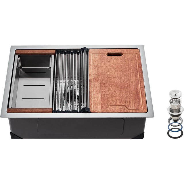 Kitchen Sink Workstation Stainless Steel Undermount Sink Drop-In Single Bowl Farmhouse Basin with Ledge & Multiple Accessories Household Dishwasher Sinks for RV Prep Kitchen Bar
