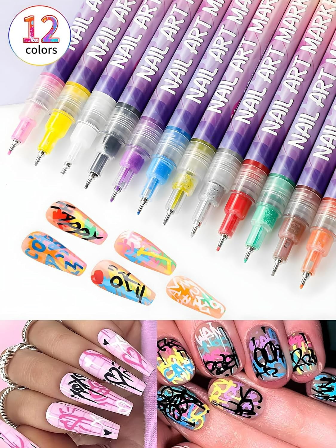12 Colors Nail Art Pens Set, 3D Nail Art Markers Doodle Pen for Adults, Nail Art Tools for Polishing Dotting Painting Liner DIY 10ml