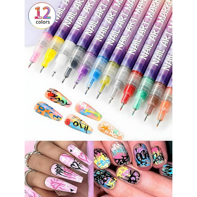 12 Colors Nail Art Pens Set, 3D Nail Art Markers Doodle Pen for Adults, Nail Art Tools for Polishing Dotting Painting Liner DIY 10ml