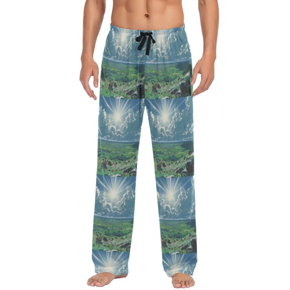 Men's Lightweight Pajama Bottoms Green Valley Stretch Elastic Waist Side Pockets Spring Fall