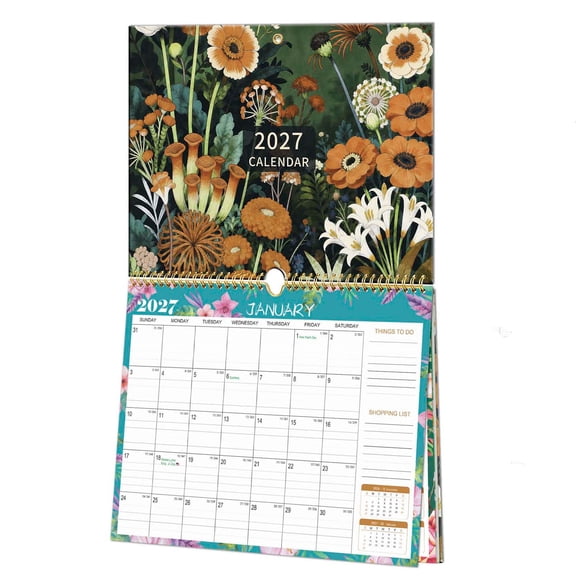 2027 12‑Month Spiral Wall Calendar, Floral Art Pattern Wall‑Hanging Planner, Daily To‑Do & Shopping List Organizer for Home Office Study