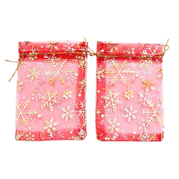 EeaseMX 50 bolsitas pequeñas de organza transparentes para regalo, con diseño de copos de nieve dorados, para joyería, para bodas, fiestas y Navidad.