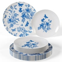 Crown Display™  Plastic Wedding Plates - 80 Piece Disposable Plates Set (40 Guests) - White Blue Floral Design