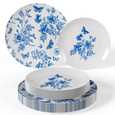 Crown Display™  Plastic Wedding Plates - 80 Piece Disposable Plates Set (40 Guests) - White Blue Floral Design