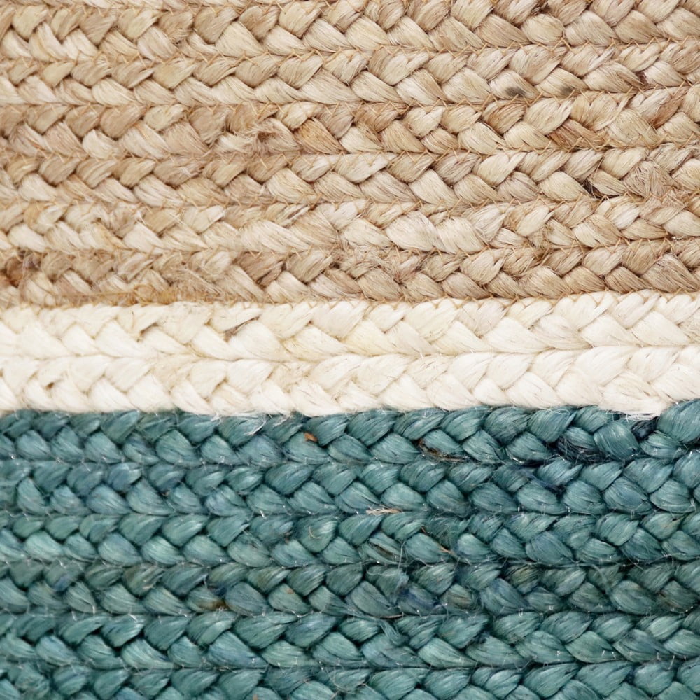LR Home Woven Round Jute 19" Storage Basket with Handles, White/Teal Three Stripe