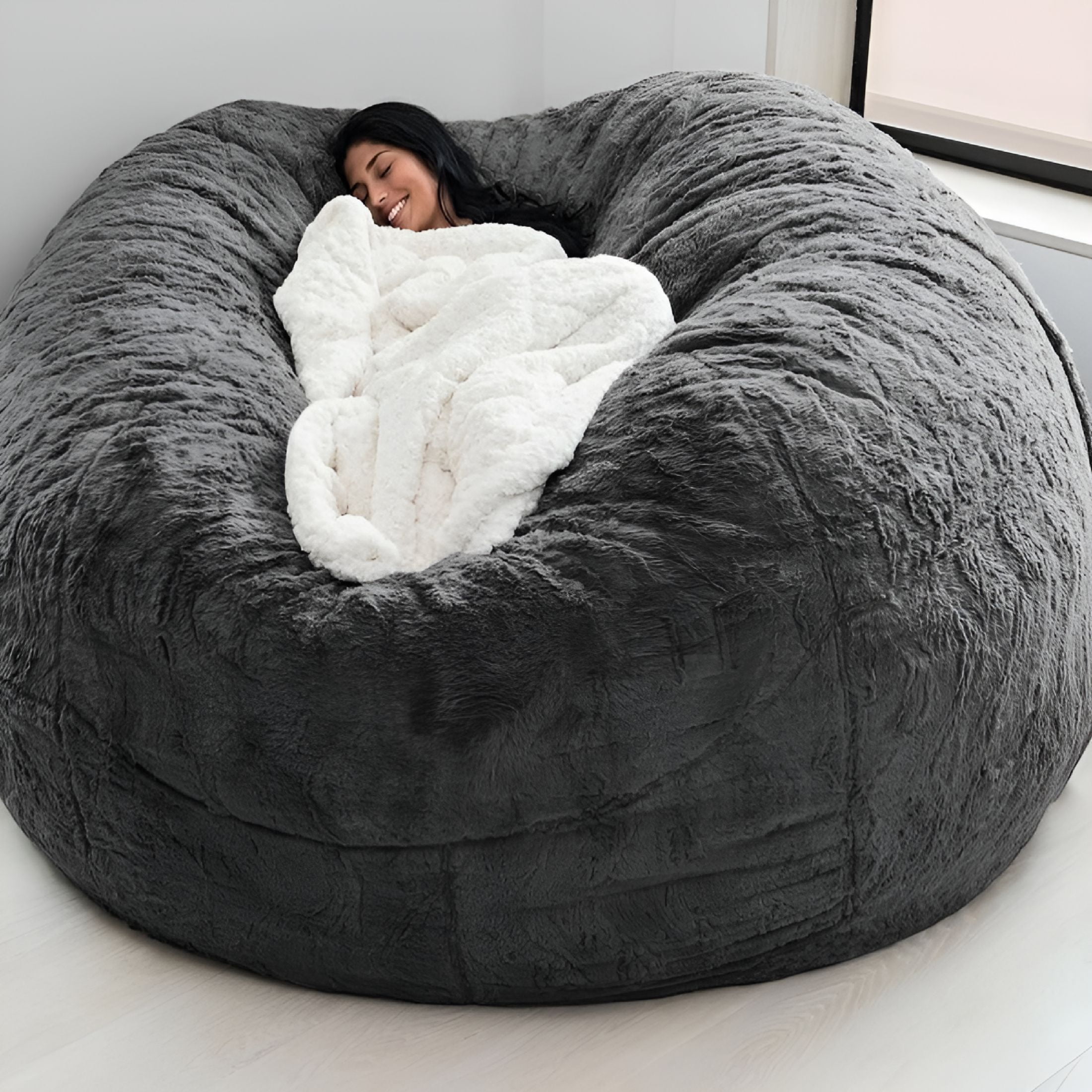 LAMIRO Soft Fluffy Bean Bag Chair for Adults, Lazy Round Bean Bag Chairs with Washable Plush Cover