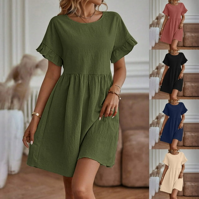 Daiosportswear Robe d'Été pour Femmes Col Rond Manches Courtes Mélange Coton Lin Ample Couleur Unie Poche Mode Jupe Mini, Robe Manches Courtes Rouge TG(TG)