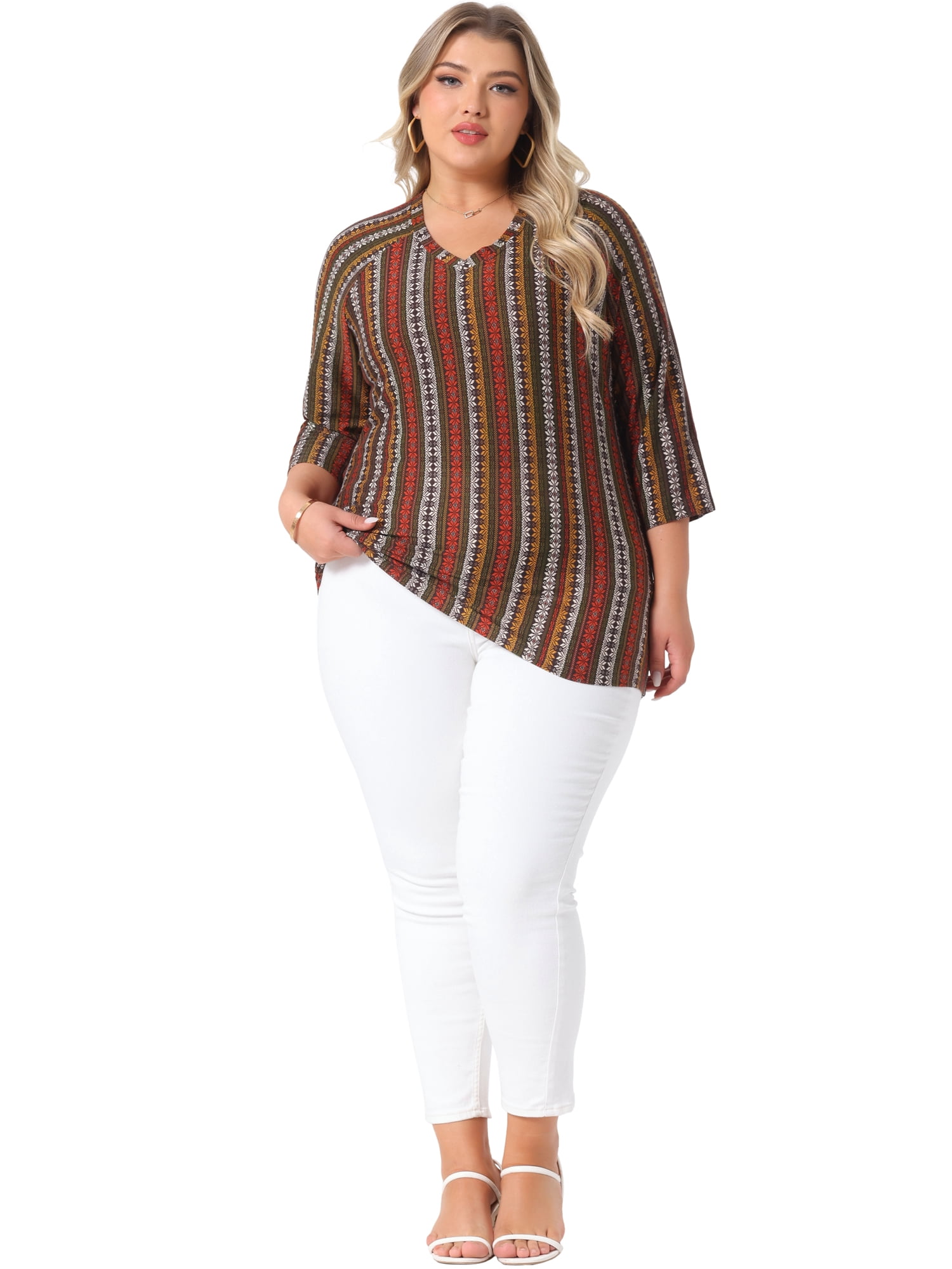 Women's Plus Tops V Neck 3/4 Sleeve Knit Blouse Tee Shirt Stripe Boho Tops 3X Red Brown
