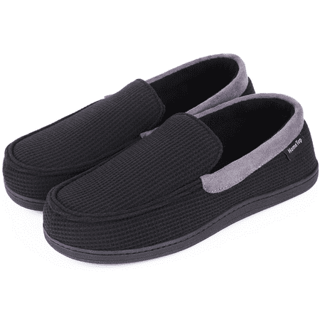 

HomeTop Men s Comfort Memory Foam Moccasin Slippers Breathable Cotton Knit Terry Cloth House Shoes