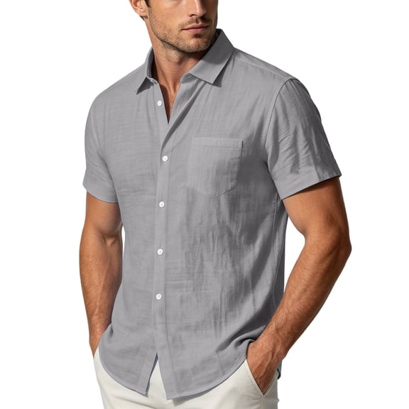 Mens T-Shirts, Men's Cotton Linen Short Sleeve Button Down Shirts Casual Lightweight Untucked Shirts Guaze Summer Tops with Pocket Gray XXXXL