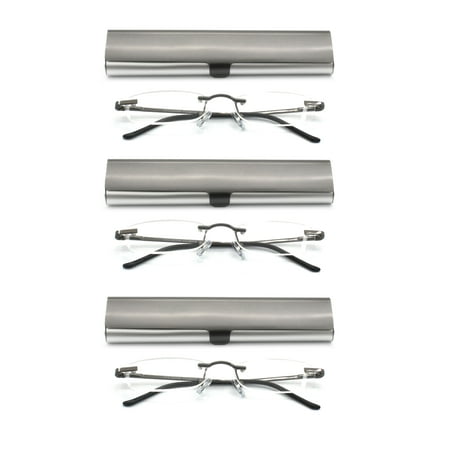 EYE ZOOM Compact 3 Pack Rimless Reading Glasses with Slim Gun and Silver Case for Men and Women, +3.50