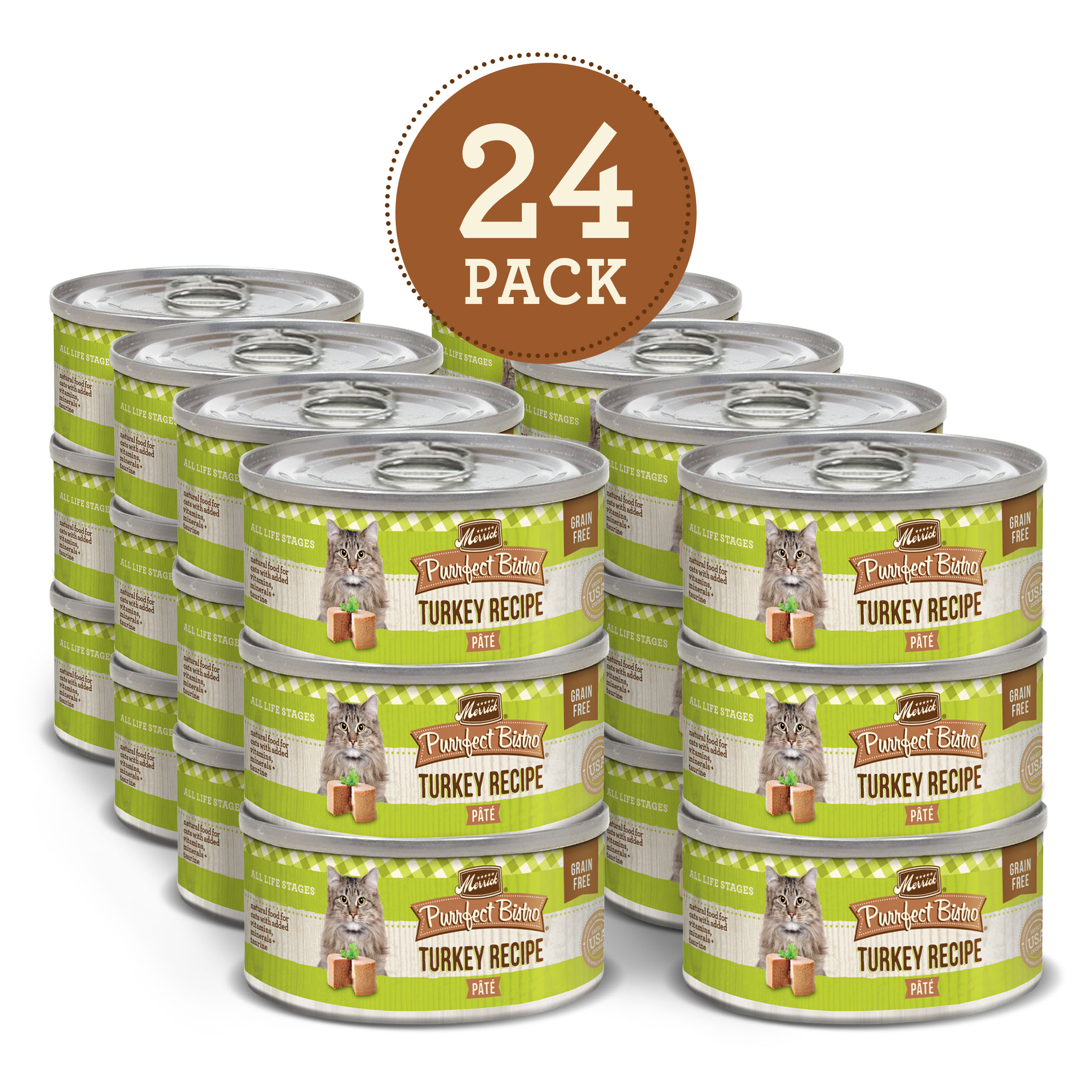 (24 Pack) Merrick Purrfect Bistro Grain Free Wet Cat Food Turkey Recipe Pate, 3 oz Cans