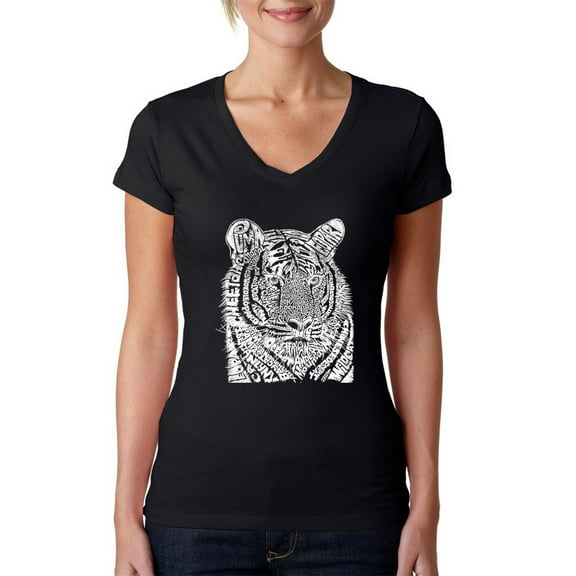 LA Pop Art Women's Word Art V-Neck T-Shirt - Big Cats