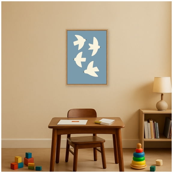 Kate and Laurel Framed Canvas Wall Art Print Minimalist Birds Poster Blue by Laura Moss, 18 x 24 Sylvie Natural Frame, Modern Contemporary, Animal Art for Wall Decor