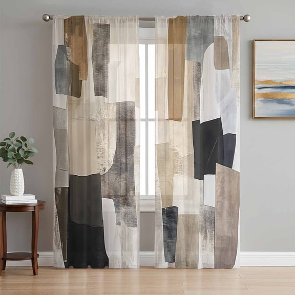 Modern Black Brown Sheer Curtains 63 Inch Length 2 Panels Set, Abstract Oil Painting Art Voile Window Treatment Rod Pocket Curtains Sheers Drapes for Bedroom/Living Room/Kitchen 52x"63"x2