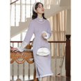 thumbnail image 4 of Conjunto de dos piezas de vestido cheongsam con cuello alto mejorado de estilo nacional retro de entrega de una pieza de otoño e invierno + chaleco de lana de cordero, 4 of 5