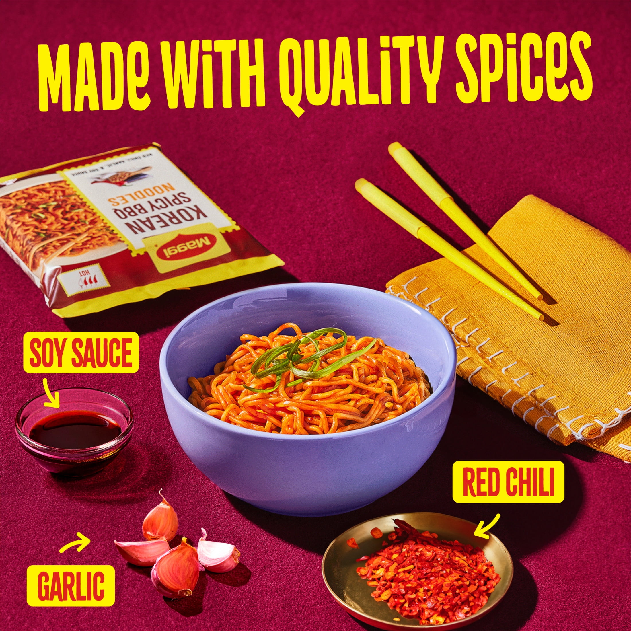 (3 pack) Maggi Korean Spicy BBQ Noodles, Korean Instant Noodles, 3 min, Spicy Ramen, 4PK 12.2 oz