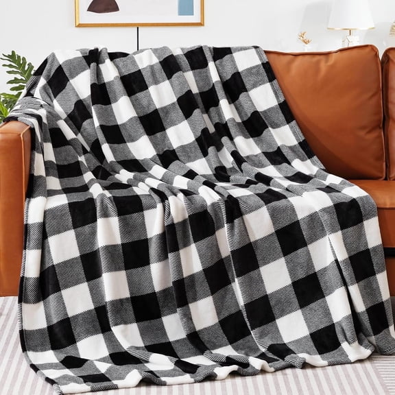 Fleece Throw Blankets, Black and White Buffalo Plaid Throw Blanket for Couch Sofa Bed, Soft Warm Fuzzy Cozy Plush Checkered Blanket, Lightweight Farmhouse Decor 50" x 60"