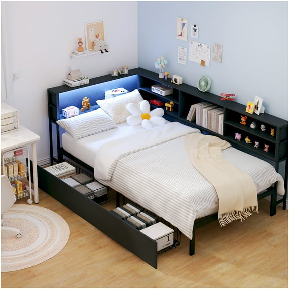JERFIT Twin Corner Daybed with Storage, Bookcase Headboard, LED Lights USB Charging Station, Space-Saving Metal Wood Bed Frame for Modern Living