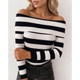 thumbnail image 3 of CHICME Striped Sweaters for Women Off Shoulder Long Sleeve Knit Sweater Soft Stretchy Slim Fit Pullover Black-L Fall Tops, 3 of 9