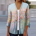 thumbnail image 2 of Pompotops Women's Floral Print Puff Sleeve Cardigan Loose Cover Up Blouse Tops 3/4 Sleeve Ruffle Open Front Button Cardigan Clearance, 2 of 5
