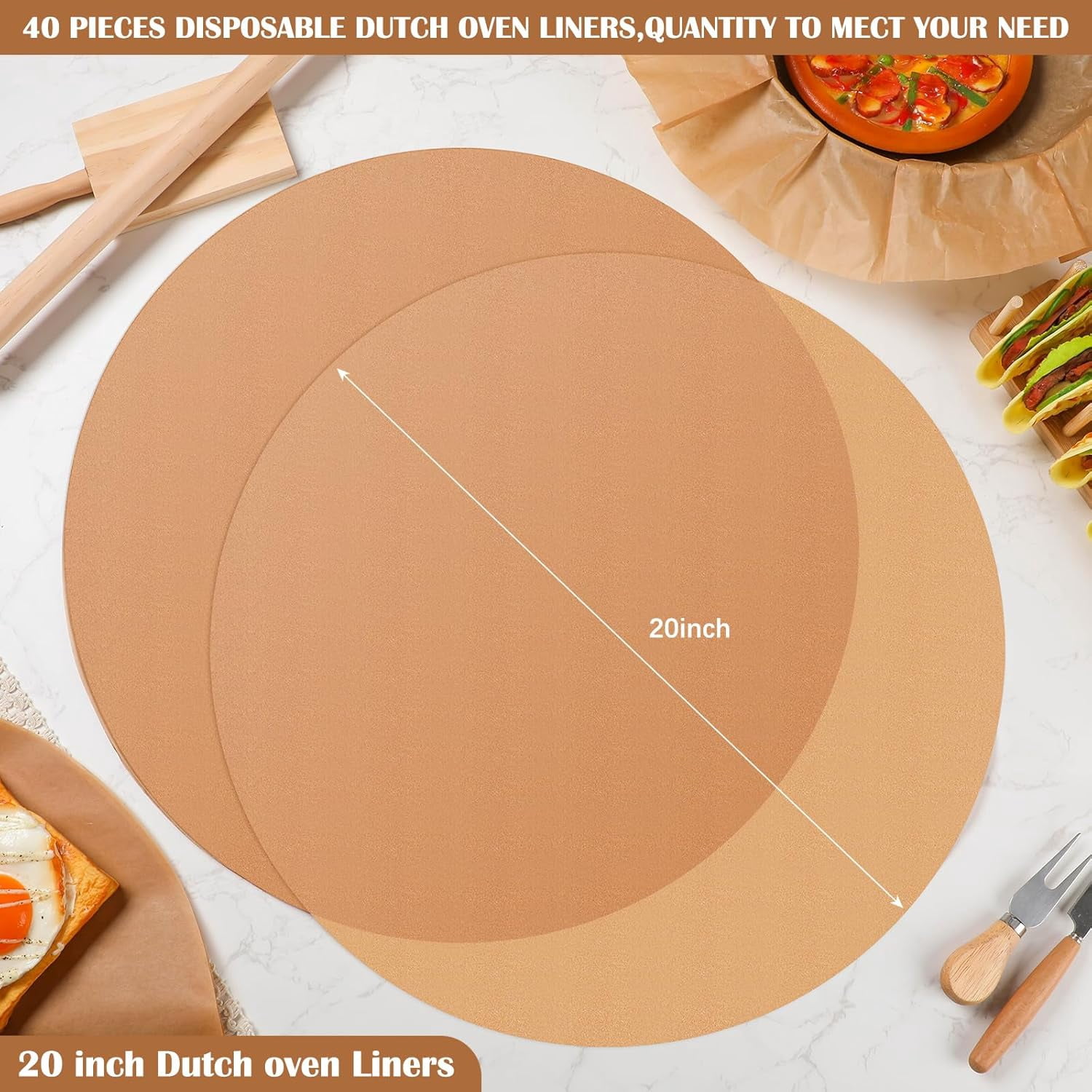 40 Pcs 20 Inch Round Parchment Paper Dutch Oven Liners Disposable Unbleached Baking Paper for Cake Pan, Air Fryer, Steamer, BBQ Party, Cakes, Pizza, Meats and Vegetables