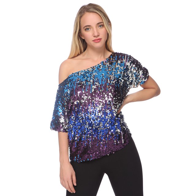 Womens Short Sleeve One Shoulder Sparkly Glitter Sequin Top Shirt