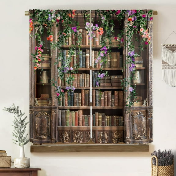 Bookshelf Curtains,Rustic Vintage Old Books Library Wooden Bookshelf Draped Plants Flowers Print Blackout Rod Pocket Window Treatments Drapes for Bedroom Living Room Kitchen 84" W X 84" L